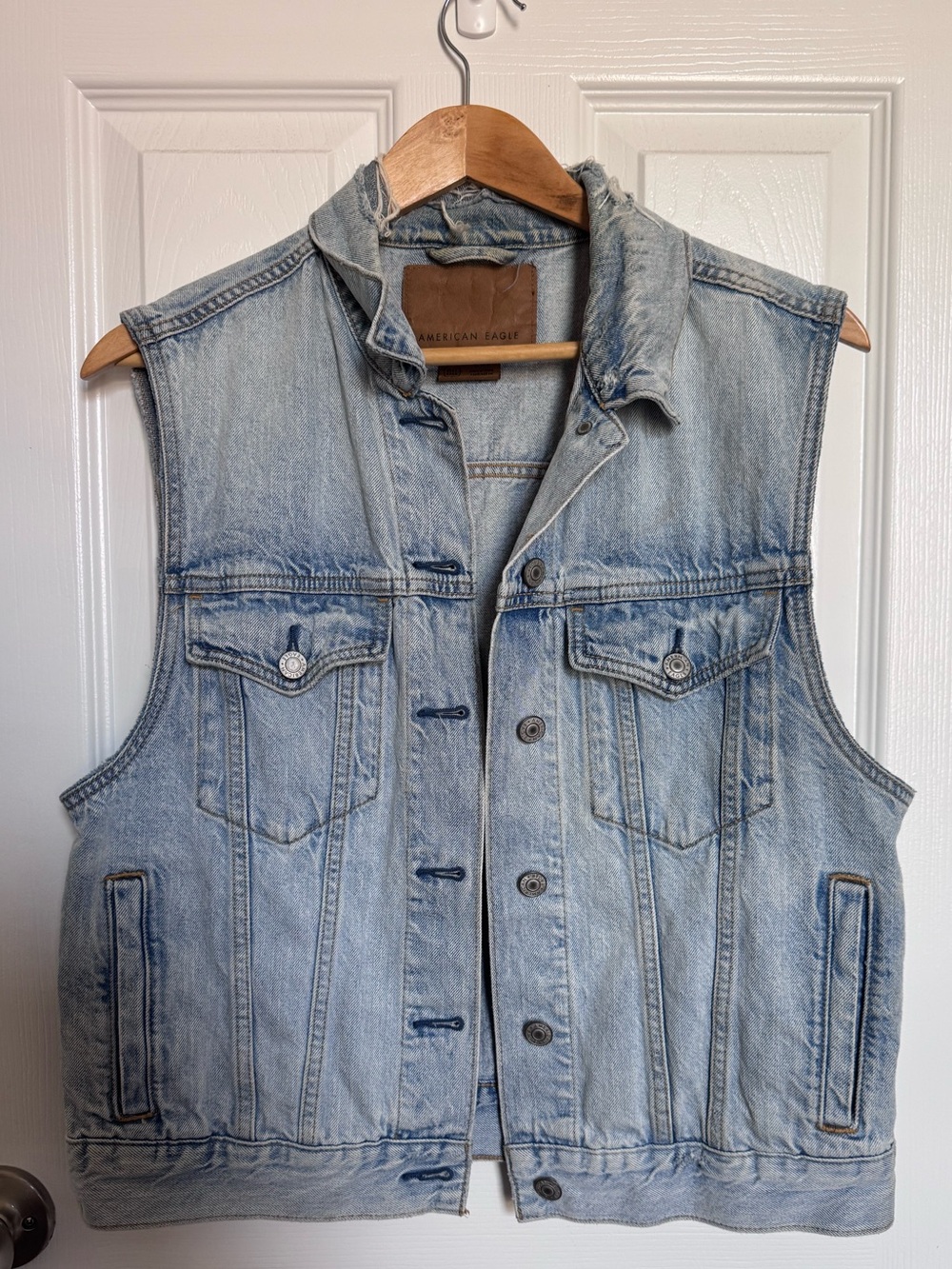 American Eagle Light Blue Denim vest with Leather Logo Patch